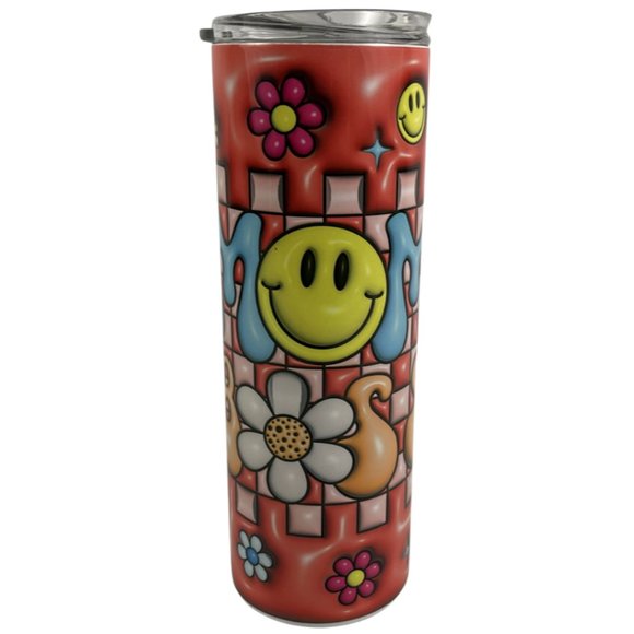 Skinny Tumbler 20oz Mom Boss Flowers Smiley Face Puffy Inflated Stainless-Steel - Picture 3 of 9